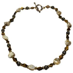 Vintage Abalone Shell Tiger Eye Beaded Brass Chain Summer Necklace 22in